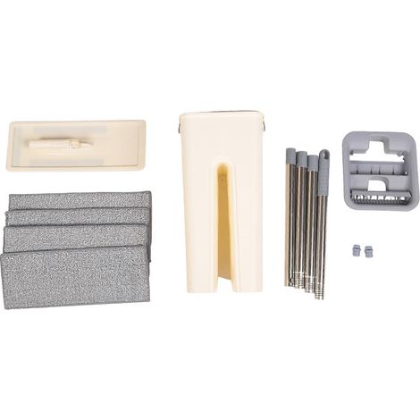 Balai à franges avec essoreuse et 4 lingettes en microfibre lavables, utilisable à sec ou humide, pour parquets et sols stratifiés. (1/5)