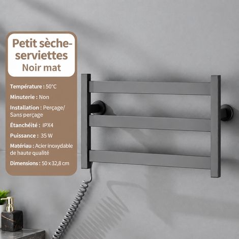 Sèche-serviettes électrique version thermostatique 3 barres gris canon, température constante 50 degrés, sortie de câble à gauche, 55,5 × 34,5 × 7,5 cm, 2,2 kg – Livraison gratuite (1/4)