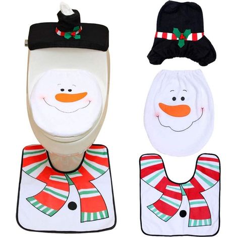3 pièces Couverture de Siège de Toilette de Noël Décorations Noël Housse pour abattant de WC pour réservoir et Tapis de Salle de Bain Set de décoration,décoration de fêtel (bonhomme de neige). (1/4)