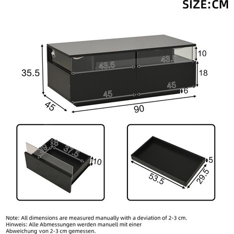 Table basse 90x45x35,5 cm avec plateau, finition brillante pour salon, table d'appoint à 2 tiroirs en verre trempé, noir, avec éclairage LED, meuble support (1/5)