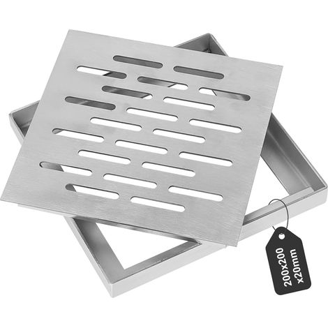 Grille d'évacuation de sol carrée en acier inoxydable avec cadre, couvercle de vidange antidérapant pour extérieur, salle de bain, jardin (200 x 200 x 20 mm) (1/5)