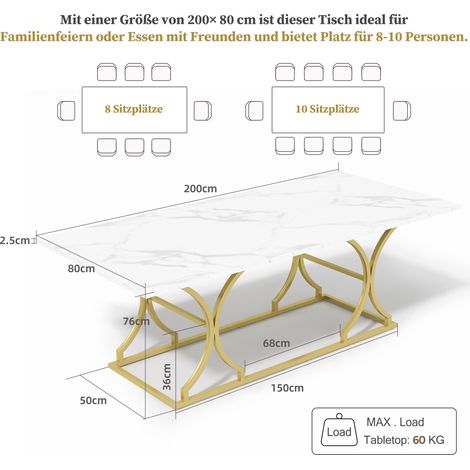 Table repas 200x80cm, 8-10 convives, style contemporain effet céramique, plan 2,5cm épais, anti-taches et anti-rayures, piètement laiton doré avec pieds réglables, idéale séjour et salle à manger (1/5)