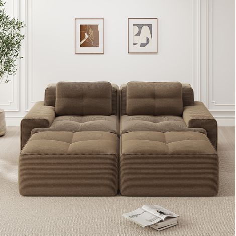 Canapé modulable en velours côtelé marron, assise profonde 74 cm, sans montage (1/5)