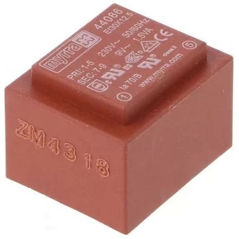 Transformateur pour tableau électrique 44086 – Isolement de sécurité encapsulé – Tension 230V/9V – Puissance 1,5VA – Courant 167mA – Myrra