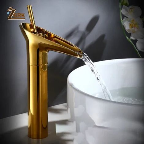 (SLT071L-G-Brass) Robinet de lavabo classique style antique, robinet cascade pour salle de bain, robinet eau chaude et froide, monotrou en bronze, type verre à eau. (1/5)