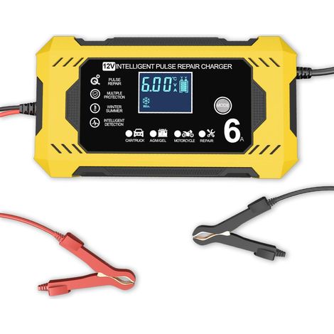 Chargeur de Batterie Voiture, Chargeur Batterie 12v 6A Intelligent Chargeur Batterie Moto avec Écran LCD Chargeurs de Batterie pour Auto Voiture Moto Camion, AGM, Gel, Wet, SLA(Jaune) (1/5)