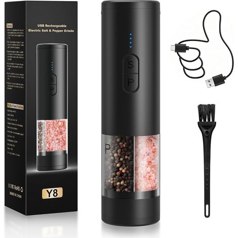 Lot de à poivre et sel électriques 2 en 1 (rechargeable par USB), moulin automatique à sel et à poivre avec éclairage LED, fonctionnement à une main (1/5)