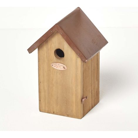 HOMESCAPES Wooden Blue Tit Bird Box House with Copper Roof - Brown - Brown