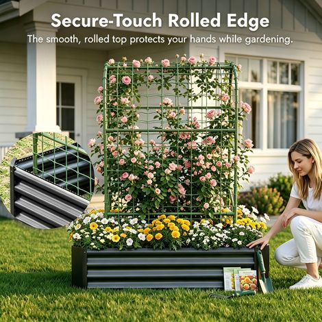 Hochbeet 120 x 60 x 150 cm aus schwarzem Metall mit Rankgitter für Balkon – MEUBLIV (1/5)