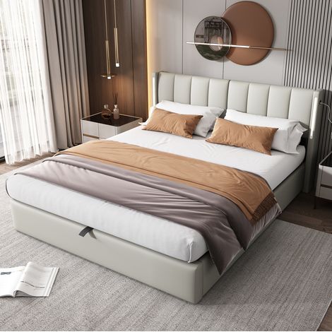Cama con espacio de almacenamiento tapizada en PU gris 160x200 cm, cabecero ajustable, LED y USB recargable (1/5)