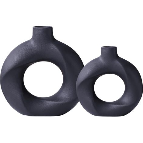 2 PCS Vase en céramique Noir Design en Forme de Beignet Cadeau d'anniversaire Cadeau de crémaillère Vase Minimaliste élégant Convient pour Salons Bureaux Chambres vitrines balcons (1/5)