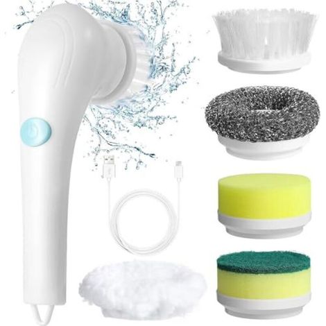 Rechargeable electric cleaning brush with five interchangeable brush heads, cordless, suitable for walls, floors, tiles, bathtubs, kitchens, and bathrooms (1/5)