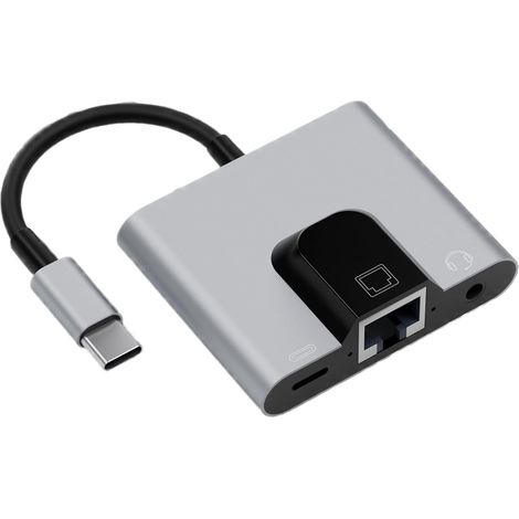 Adaptateur USB-C vers Ethernet Gigabit Batterie externe Prise casque multiport 3,5 mm Compatible appels vocaux Adaptateur USB-C vers Ethernet pour ordinateur portable, téléphone, ordinateur, domic (1/5)