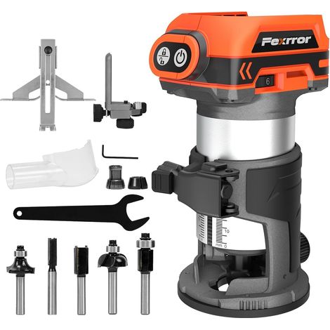 Affleureuse Sans Fil Compatible avec Batterie Makita 18 V, Brushless Affleureuse Sans Fil avec 6 Vitesses, 10000-30000RPM, 5 Fraises à Défoncer, Guide Droit, Roue de Guidage (Sans Batterie)