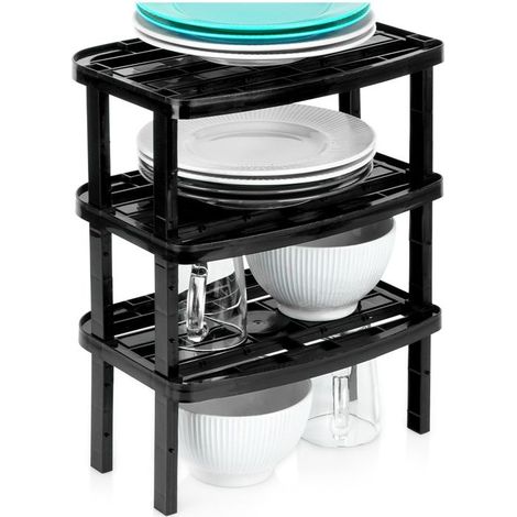 VILDE Lot de 3 étagères de cuisine - Plastique noir robuste - pieds ajustables - empilables - Gain de place optimal (1/5)