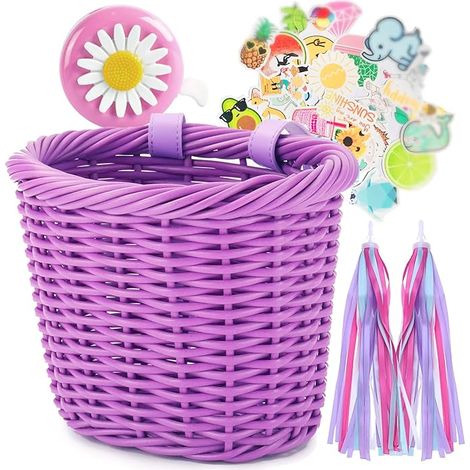Panier Vélo Enfant Fille, Accessoire Avant en Osier Tressé, Petit Panier Bicyclette avec Guidon, Franges et Sonnette, Vélo Cruiser Garçons 16, Cyclisme Filles 3-13 Ans (1/5)