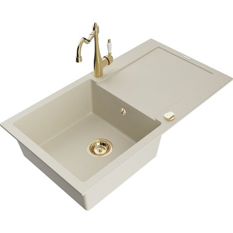Mexen Leo 1-Bowl Granitspüle mit Abtropffläche und Küchenarmatur Carla, beige - 6501-69-670700-50 (1/5)
