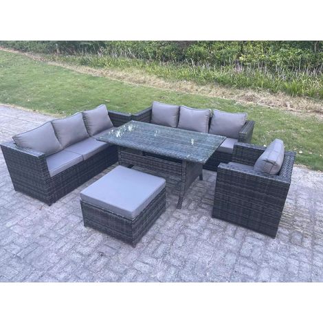 Fimous 8 Seater Outdoor Lounge Sofa Garden Furniture Set Patio Rattan Rectangular Dining Table Chair with Big Footstool Dark Grey Mixed (1/5)