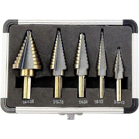 5-teiliges Stufenbohrer-Set, professionell, aus HSS-Stahl, 2-schneidig, mit Körnerspitze, Aluminium