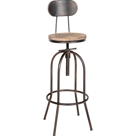 Tabouret de bar x1 design industriel avec dossier repose-pieds en bois et métal bronze 100005823