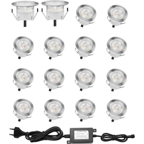 Lot de 16 Spots LED Encastrable pour Terrasse Bois, Etanche IP67, Spots à Encastrer Extérieur, 0,6W DC12V, Lumière Blanc, Kit Mini Lampe pour Chemin Contremarches d'escalier Plafond [Classe énergétiqu (1/4)