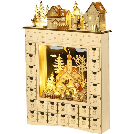 LED-Adventskalender in Form eines verschneiten Dorfes mit 24 Schubladen, beleuchteter Weihnachtsdekoration, beige