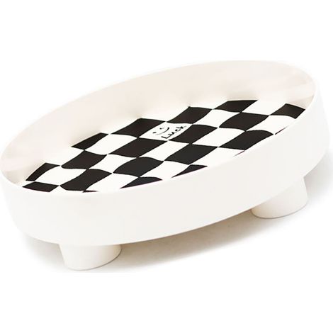 Plateau de rangement rond à damier, blanc, grand format, idéal pour fruits, parfums et bijoux. (1/5)