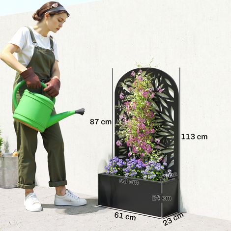 Treillis arqué et pot avec trous de drainage pour plantes grimpantes, métal, 61 x 23 x 113 cm, noir (1/5)