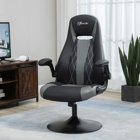Vinsetto Chaise Gaming Ergonomique - Base Métal Ronde, Hauteur Réglable, Têtière, PVC Gris Noir