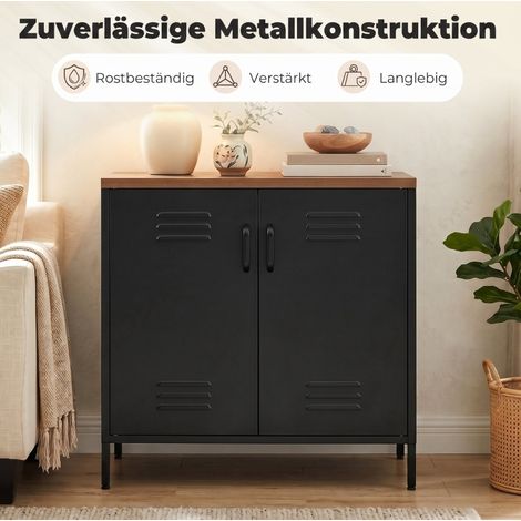 Credenza industriale 80x40x80 cm in metallo nero, piano effetto legno, 2 ante, salvaspazio – MEUBLIV (1/5)