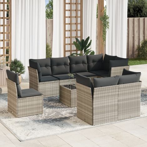 Set muebles jardín 9 pzas y cojines ratán sintético gris claro vidaXL (1/3)
