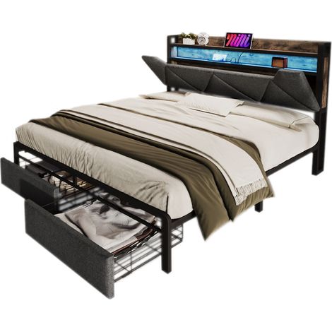 Lit rembourré avec fonction de charge USB Type-C, tête de lit avec rangement, éclairage LED et tiroirs, lit double 140 x 200, cadre de lit de rangement avec sommier à lattes en métal, gris (sans matel (1/5)