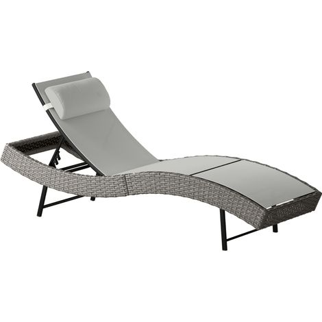 Chaise longue en résine tressée réglable 5 positions avec appui-tête, bain de soleil gris 198x61x44 cm idéal extérieur (1/5)