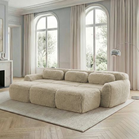 Canapés Cloud sans ossature, tissu peluche douce, canapé-lit modulable avec 3 poufs, canapé 3 places, canapé confortable pour le salon, kaki clairWL