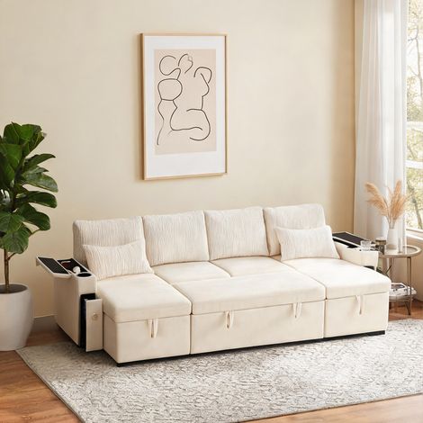 Canapé convertible 4 places en U tissu beige avec rangement (1/5)