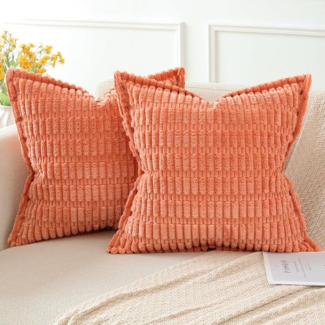 Lot de 2 Housses de Coussin en Velours Côtelé Rayé Boho Canapé Taie d'oreiller en Velours Douce pour Maison Salon Chambre Decorative Corail 45 x 45 cm (1/5)