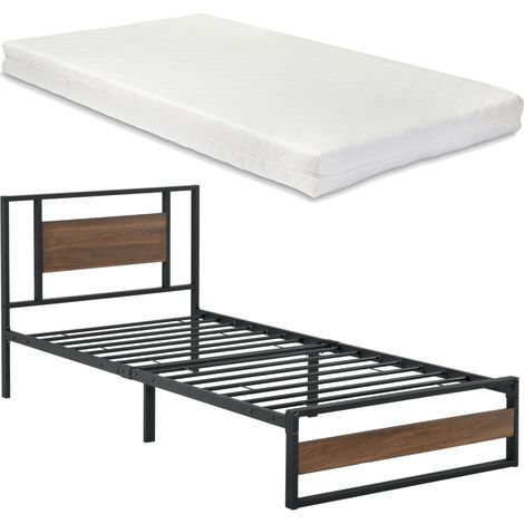 Metallbett Villach 90x200 cm mit Kaltschaummatratze Schwarz Walnuss-Optik [en.casa]