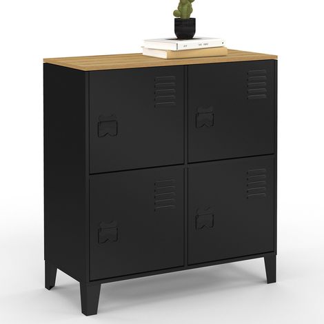 Beistellbuffet Spind 70 cm ESTER 4 Türen aus schwarzem Metall Holzplatte Industriedesign