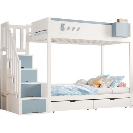 Lit superposé enfant bois blanc et bleu 90x200 cm avec lattes, tiroirs et rangement, étagère amovible (1/5)