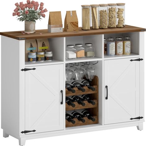 Aparador de Cocina Rústico con Estantes Ajustables y Botellero Mueble Auxiliar para Comedor, Salón 120x37x88 cm Blanco (1/5)