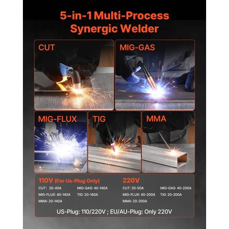 Poste à Souder 5 en 1 Combiné CUT/TIG/Gas MIG/Flux MIG/MMA Découpeur Plasma sans Contact 50 A Machine Soudage Synergique 200 A Post… (1/5)
