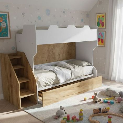 Letto a castello salvaspazio con terzo letto estraibile e scala laterale - Ideale per camerette - Bianco e Quercia