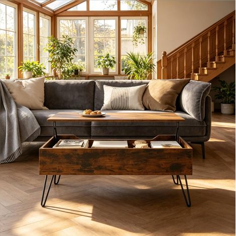 Tavolino alzabile 95x50 cm in legno e metallo marrone con contenitore – MEUBLIV (1/5)