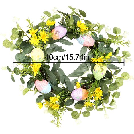 Couronne de Pâques artificielle avec œufs, feuilles vertes et fleurs artificielles pour la porte d'entrée. (1/5)
