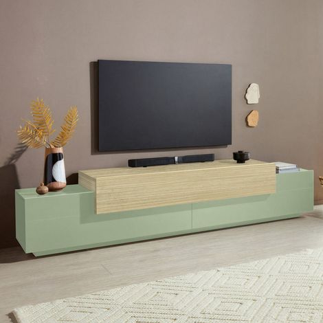 Mueble para TV Curino, 3 estantes, 4 compartimentos, hecho en Italia, apertura abatible, 240x45x51.5h cm verde