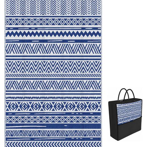 Tapis réversible 182 x 274 cm. style moderne. pour terrasse. balcon. patio. camping. plage. bleu foncé et blanc (1/5)