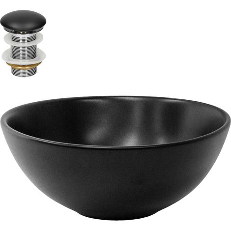 ML-Design Lavabo de Cerámica Negro Mate Redondo Ø 280 x 150 mm Con Juego De Drenaje Sin Rebosadero Lavamanos Moderno De Encimera Sobremesa Pila Para Baño Aseo Fregadero Colgante (1/5)