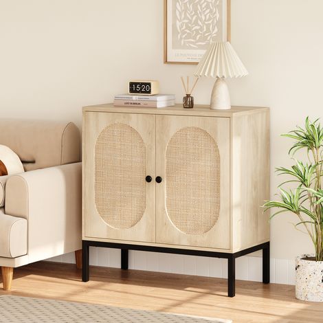 Buffet console en rotin moderne - portes vitrées, étagères réglables, bois