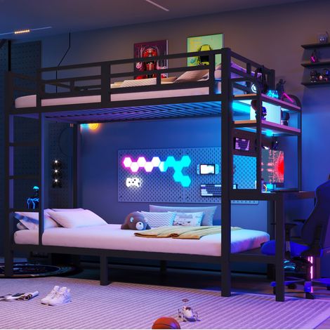 Kinder-Hochbett 90 x 200 cm mit Schreibtisch, Regalen, LED, USB, Metall und MDF, schwarz HAVRYA (1/5)