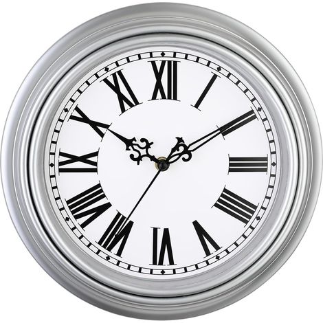 Horloge Murale Vintage, Horloge Silencieux Classique de 30cm pour Salon, Chambre de Coucher ou Bureau, Horloge Murale à Chiffres Romains, Alimenté par Piles, Argenté (1/5)
